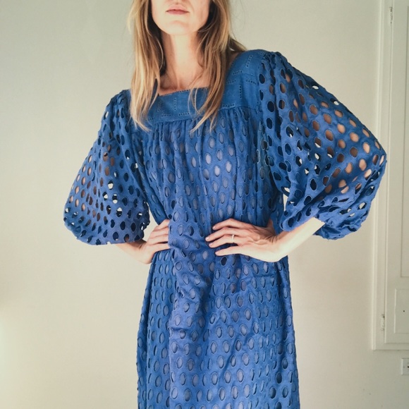 Vintage Dresses & Skirts - Vintage 70’s Blue Eyelet Dress